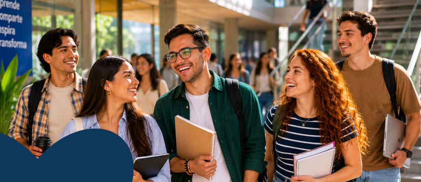 Jóvenes profesionales sonríen mientras salen de una de sus clases de estrategia publicitaria como parte de los ciclos propedéuticos.