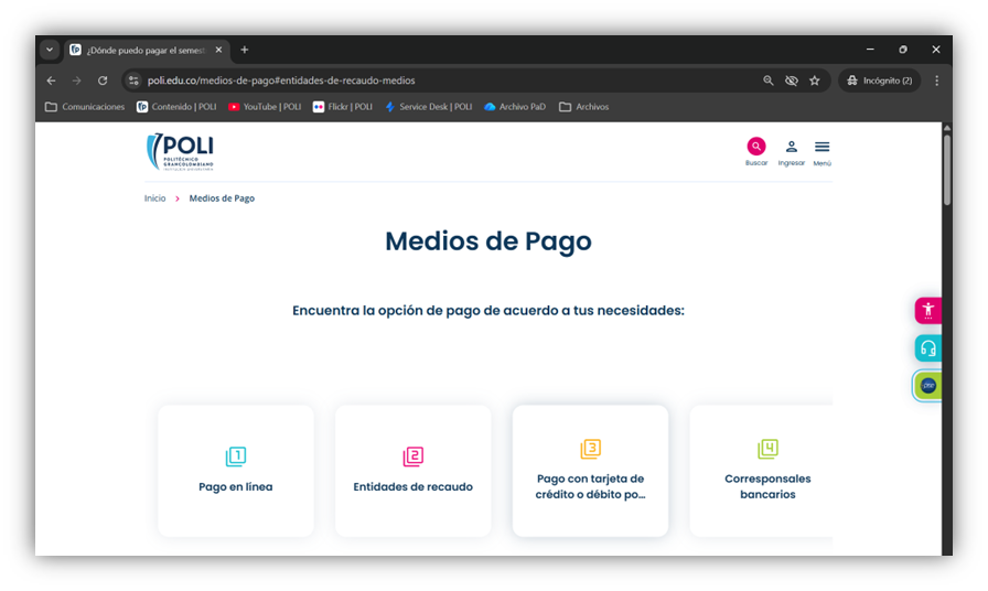 Portal oficial medios de pago del Poli